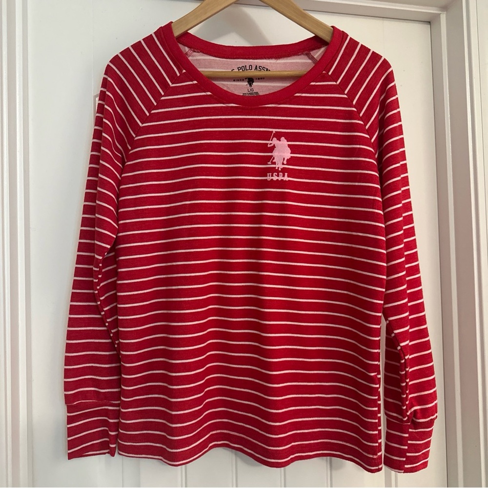 U. S. Polo Assn. Red & White Striped Cuffed Long Sleeve Womens Top Size L